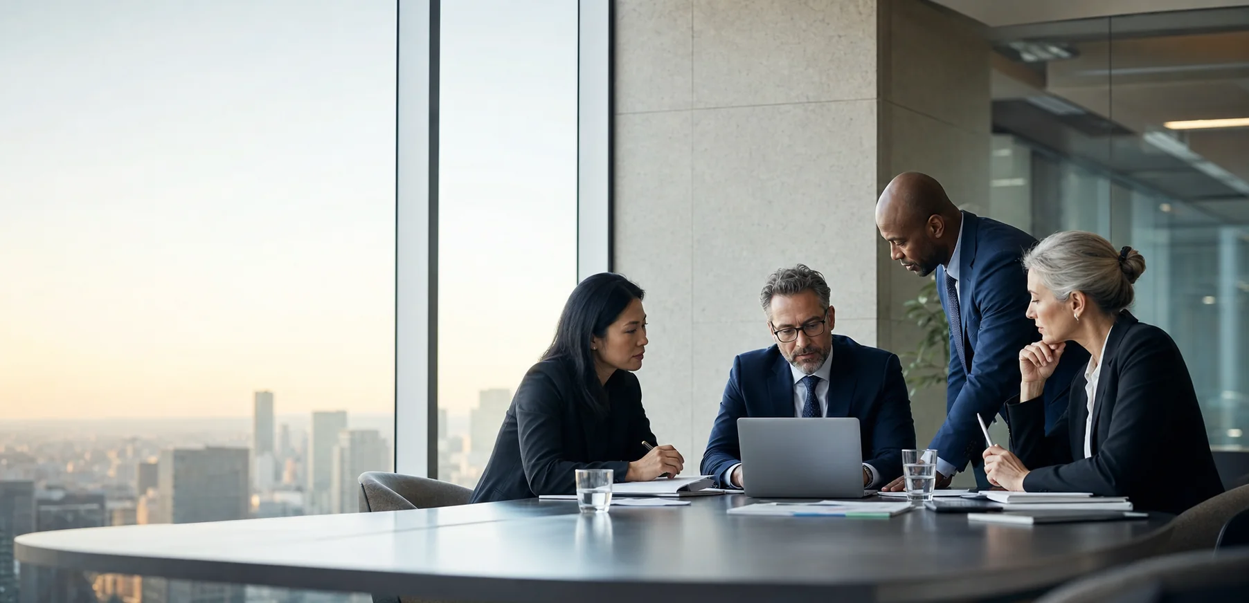 International advisers collaborating in a modern office